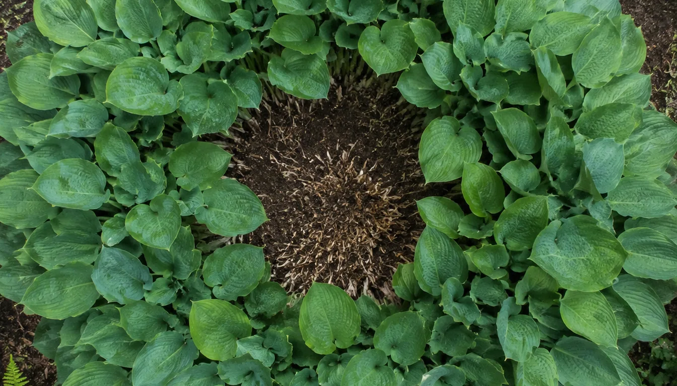 A mature green hosta clump forming a ring around a wide bare center