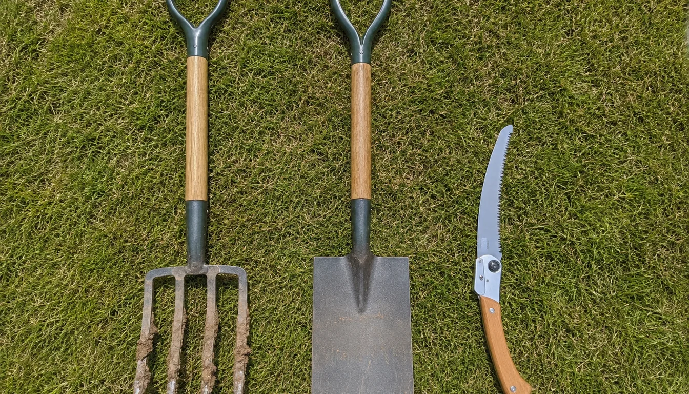 A digging fork, square spade, and folding pruning saw arranged on short grass