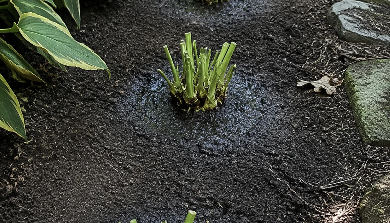 A divided hosta replanted with its cut leaf stems above the crown and wet soil settled around it