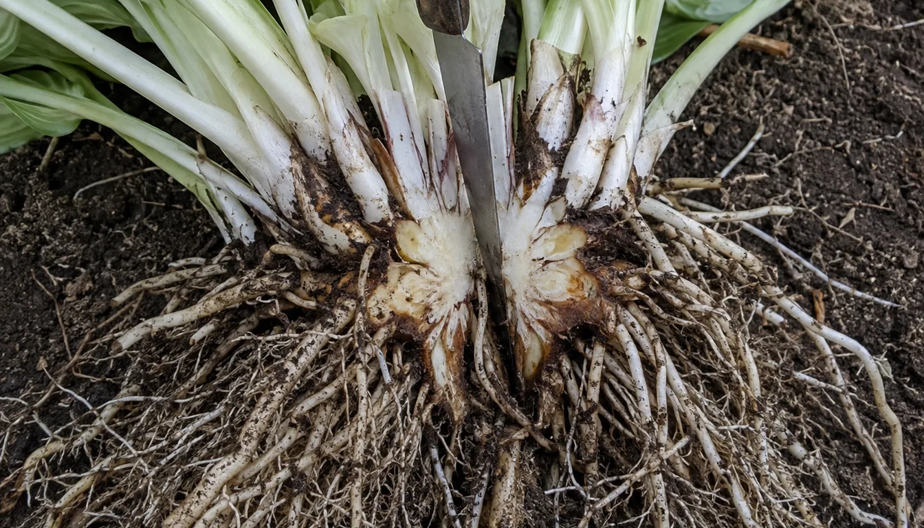 A knife cutting through the exposed crown and pale roots of a lifted hosta clump
