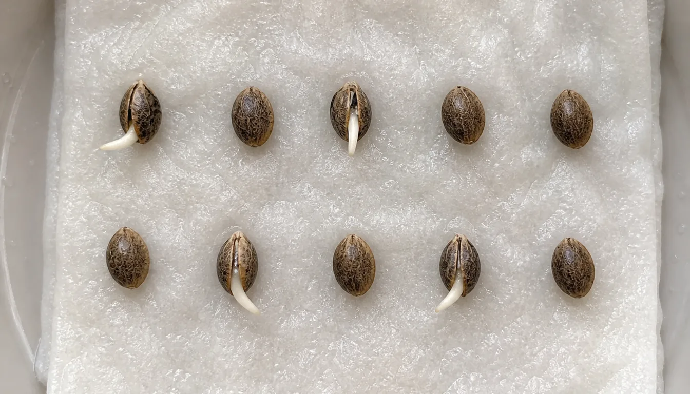 An overhead macro of ten seeds spaced on a damp folded paper towel where four have split open with short white root tips emerging and six remain closed