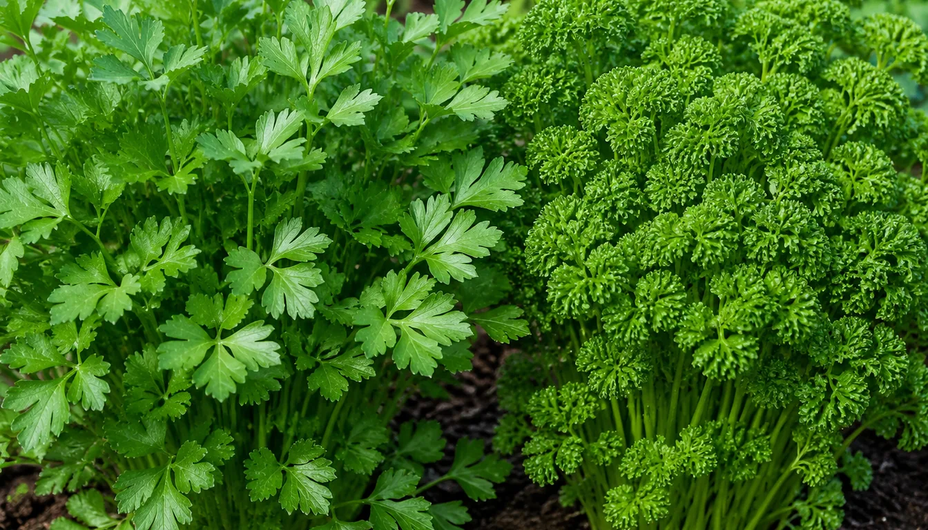 Two mature parsley plants side by side at the same scale, flat leaf parsley with broad pointed leaflets on the left and tightly ruffled curly parsley on the right