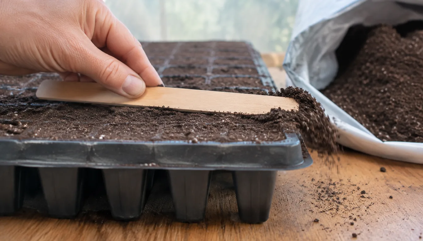 A hand drawing a flat wooden stick across a filled seed tray to level the fine dark mix, surplus falling away over the edge and the cells behind already struck level