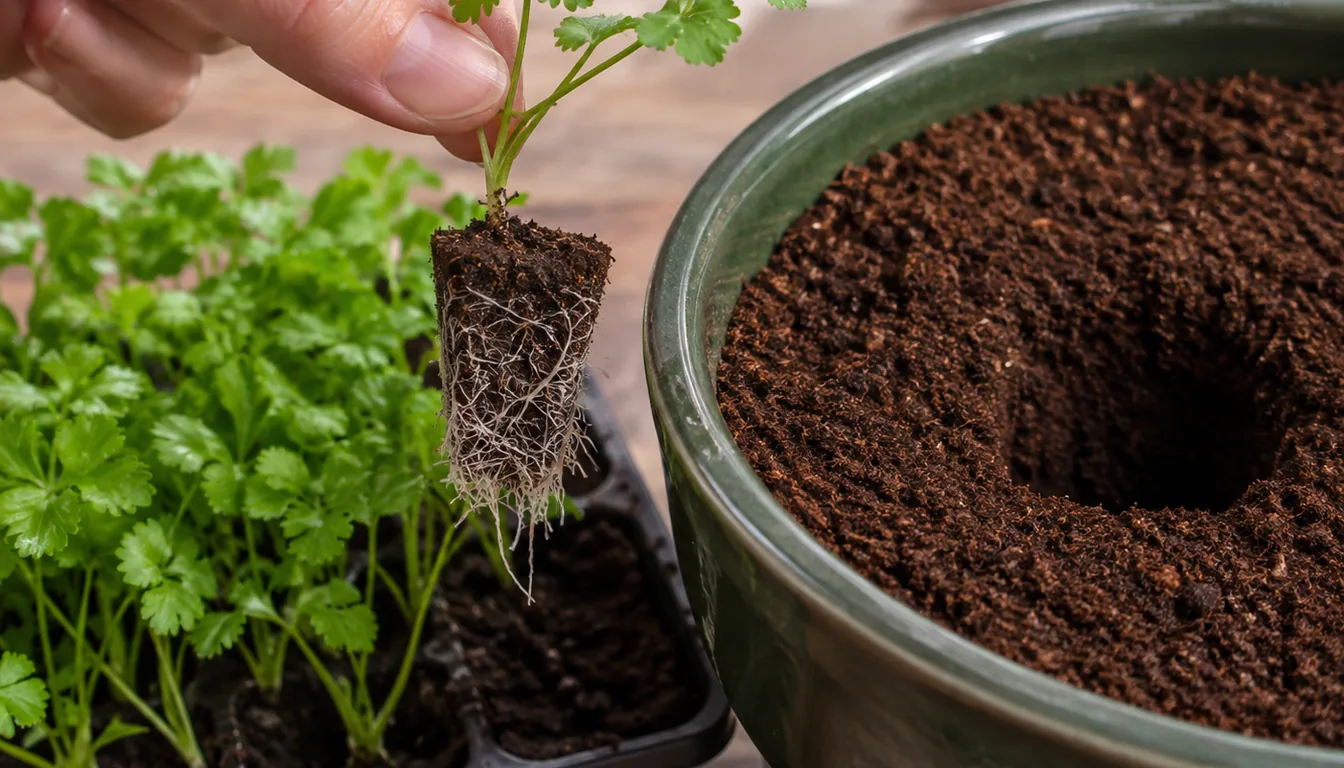 A hand holding a small parsley seedling by a leaf with its fine white roots hanging free, lifted clear of a crowded cell beside a larger pot with a hole already made