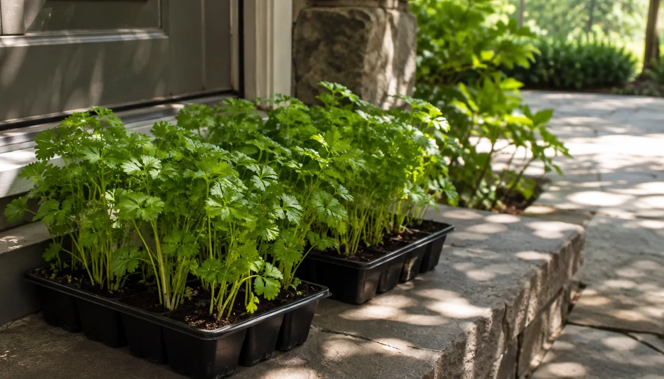 Two trays of sturdy young parsley plants on a shaded patio step just outside a door, with dappled shade across them and bright sunlight on the paving beyond