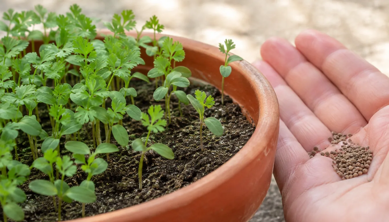 A shallow terracotta pan of parsley seedlings showing the first divided true leaves, with an open palm beside it holding a heap of tiny ridged parsley seeds