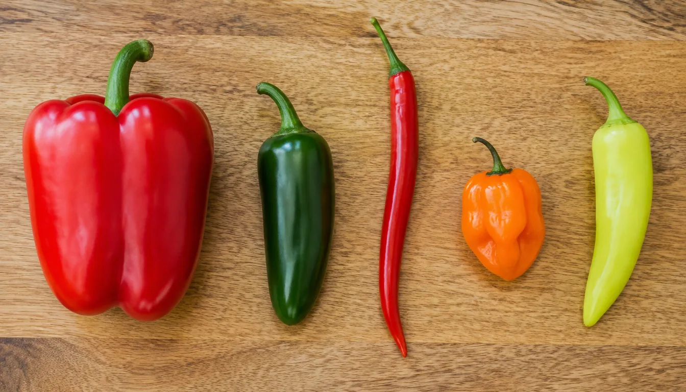 A red bell pepper, green jalapeno, long red cayenne, orange habanero and pale yellow banana pepper on a wooden board