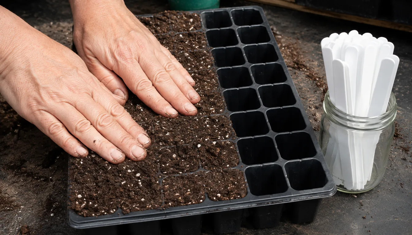 Hands leveling fine seed-starting mix in a cell tray beside a jar of blank plant labels