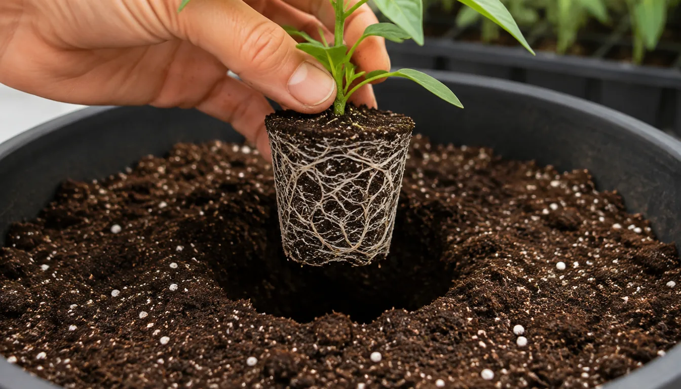A pepper seedling with white roots covering the outside of its cell-shaped plug above a hole in fresh potting mix