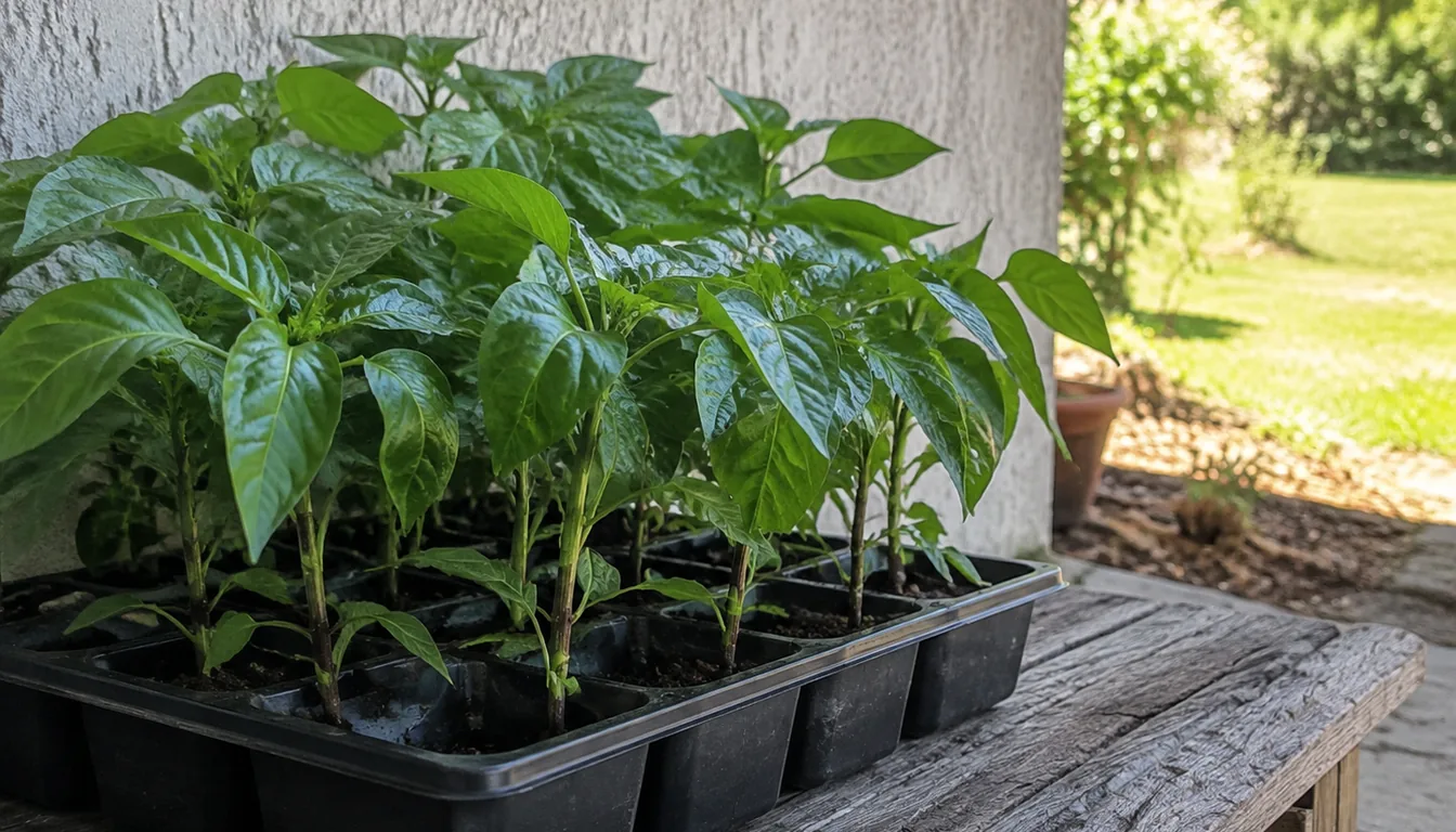 Pepper plants in a tray on a shaded outdoor table beside a wall, with bright sunlight beyond the sheltered area