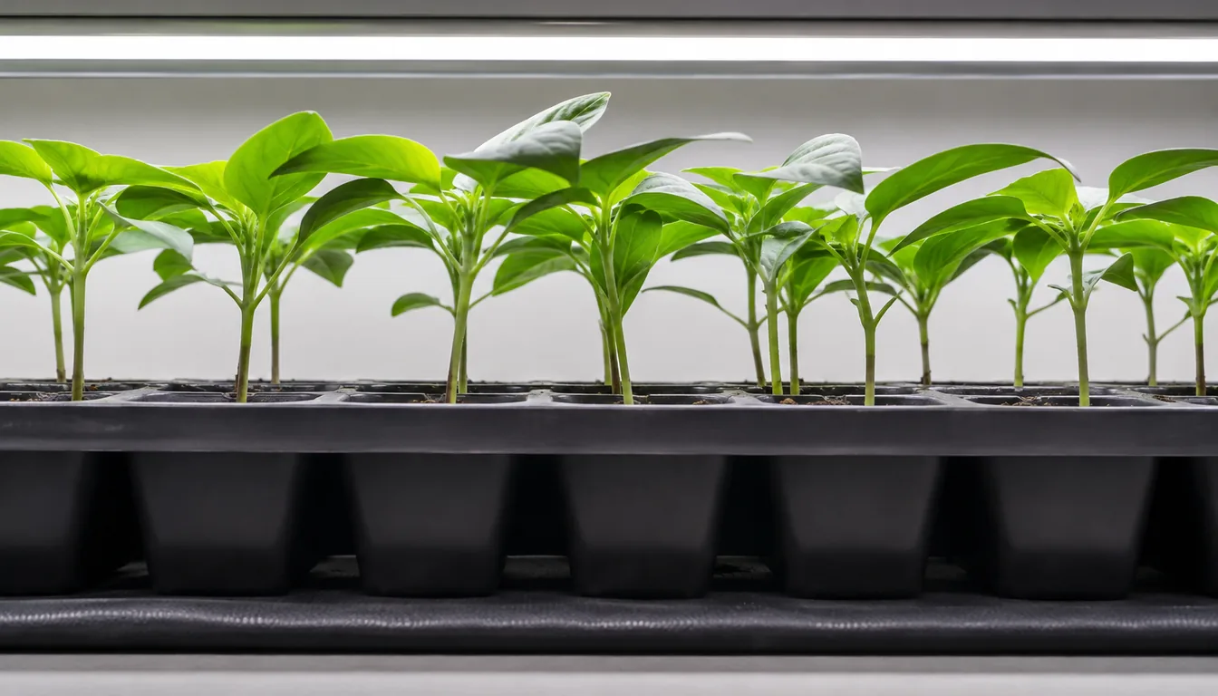 Young pepper plants in individual cells beneath an overhead light, with smooth pointed leaves and upright green stems