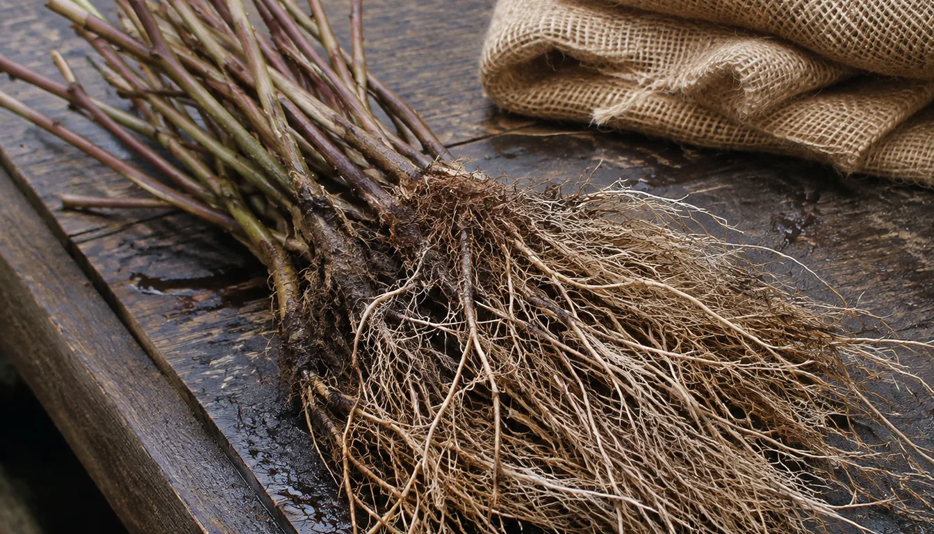 A bundle of dormant bare-root raspberry canes on a bench with the tie loosened so the pale fibrous roots spread out, the leafless canes cut back short