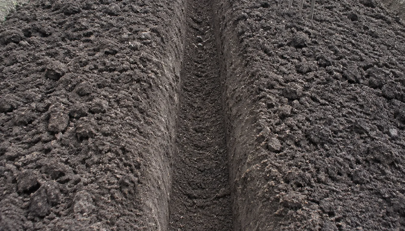 A long straight planting trench opened along a prepared bed with dark compost forked through the soil on both sides, the worked texture clearly different from the untouched ground beyond