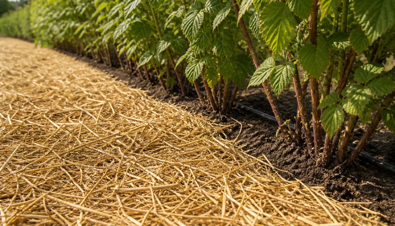 A thick layer of golden straw mulch along the base of a raspberry row, pulled back clear of each cane so the stems rise from clean soil, with a drip line under the straw edge