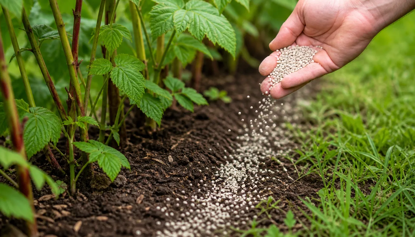 A hand scattering pale granular fertilizer in a narrow band beside a raspberry row, the granules landing out at the edge of the leaf spread rather than against the stems