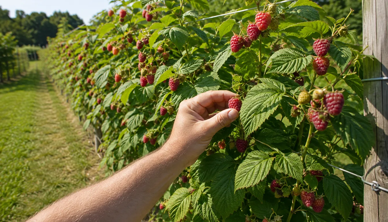 A raspberry row trained on a two-wire trellis with canes tied in and heavy with ripe red fruit, and one hand lifting a ripe berry off its plug
