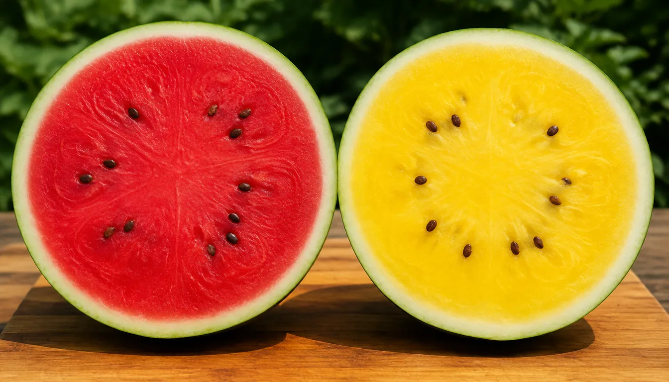 Two cut watermelons with deep red and golden yellow flesh, dark seeds, and pale inner rind