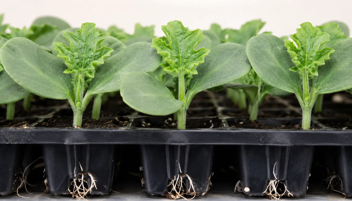 Young watermelon seedlings in cells with broad seed leaves and their first lobed true leaves