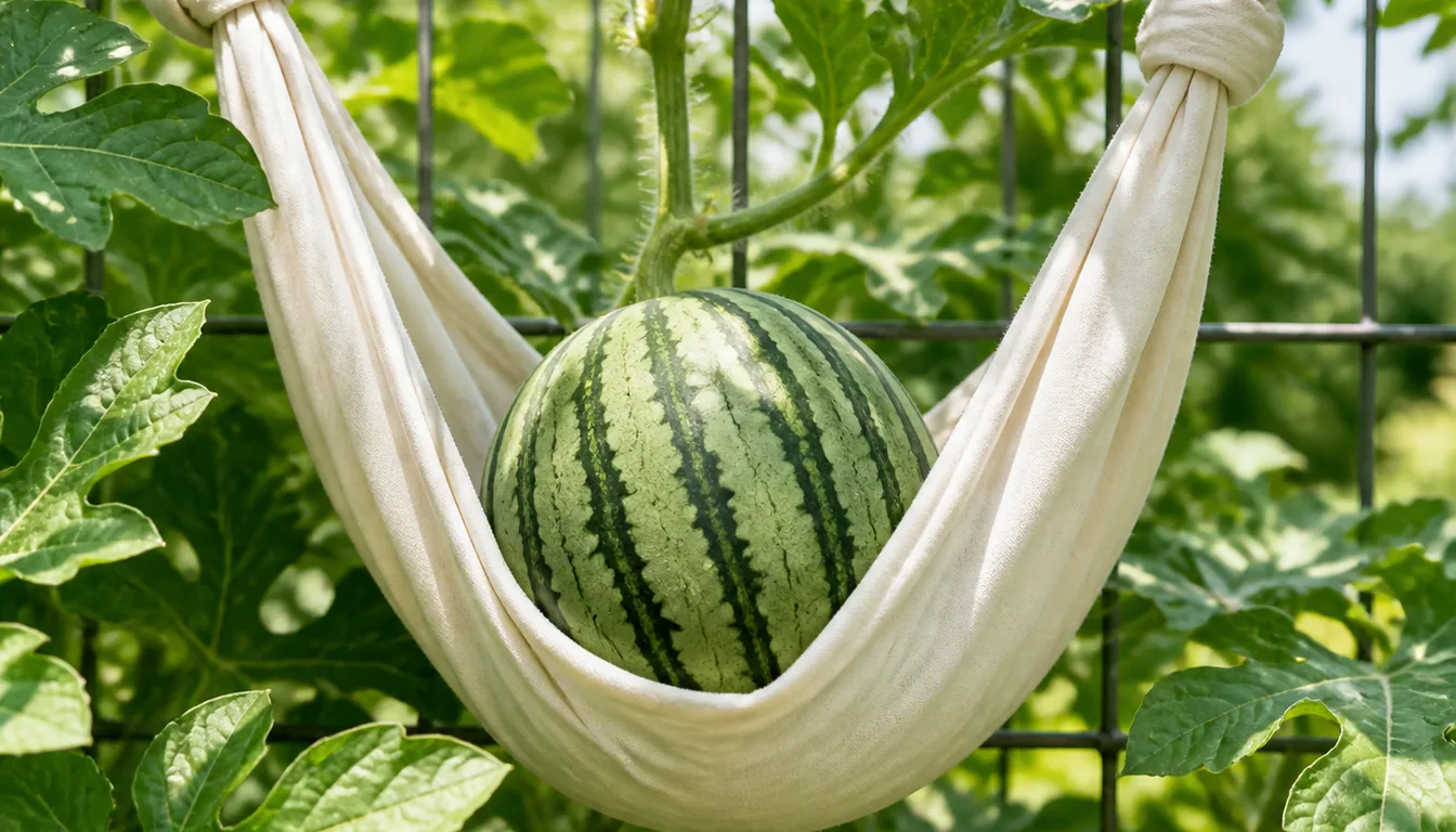 Developing watermelon held in a wide fabric sling tied securely to a sturdy trellis