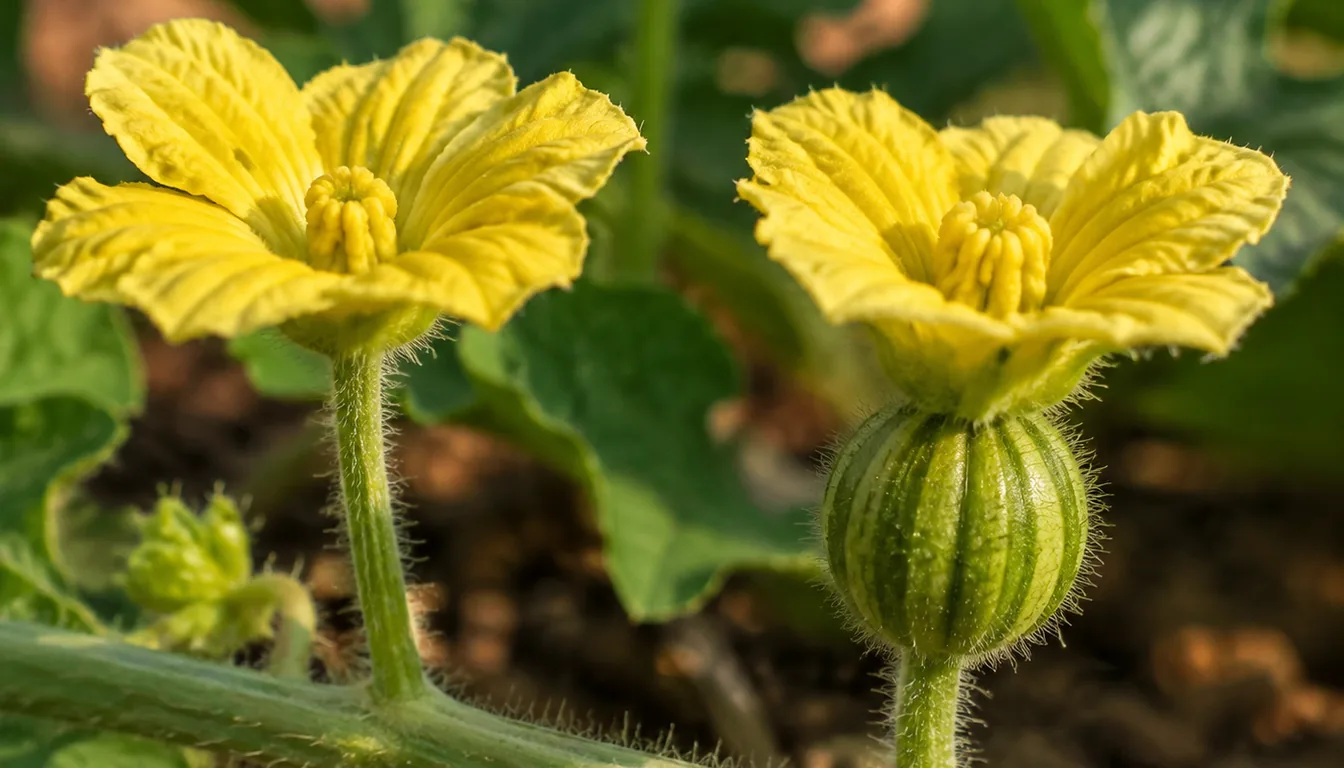Open yellow male and female watermelon flowers, with a small rounded ovary behind the female flower and a plain stalk below the male