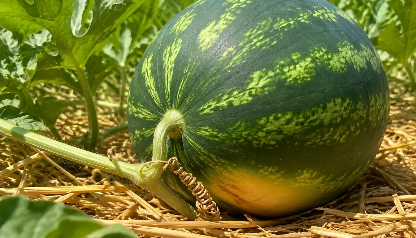 Striped watermelon on dry straw with the tendril beside its stem brown and dry and a creamy yellow ground spot visible