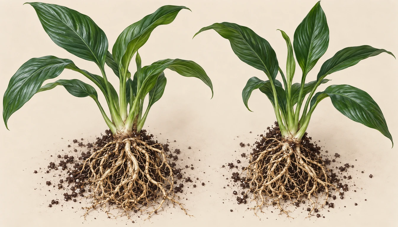 AI-assisted illustration of two peace lily divisions, each with leafy shoots, a basal crown and attached branching roots