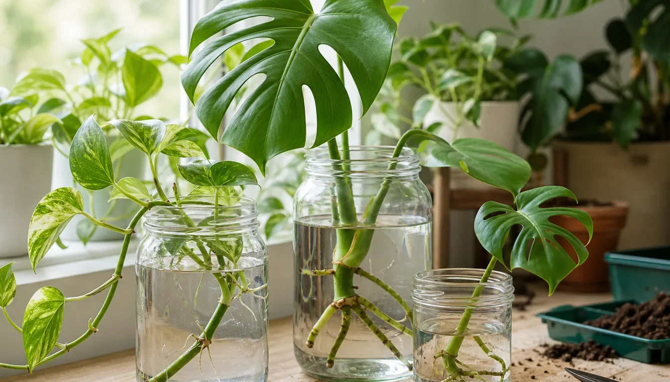 Cuttings prepared on a bench beside the healthy parent houseplant they were taken from, with the parent still full and intact