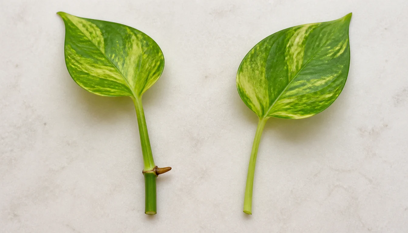 Two pothos cuttings on a pale bench, the left one a stem section with a swollen node and a brown aerial root nub below one leaf, the right one a single leaf with a bare stalk and no stem