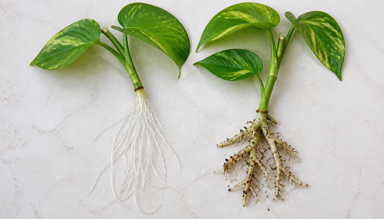 Two rooted pothos cuttings side by side, the left with long thin translucent white water roots and the right with shorter sturdier opaque branched roots carrying crumbs of potting mix