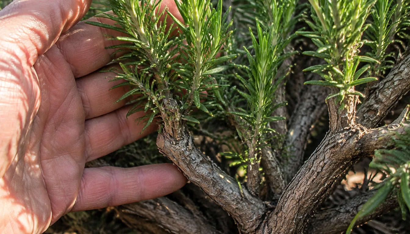 A rosemary plant with flexible green tip growth above older thick gray stems