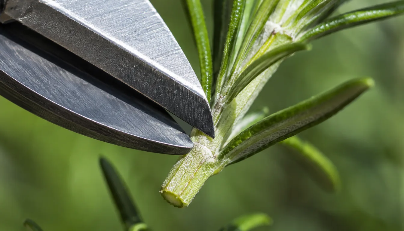 Clean snips cutting a flexible green rosemary tip just below a leaf node