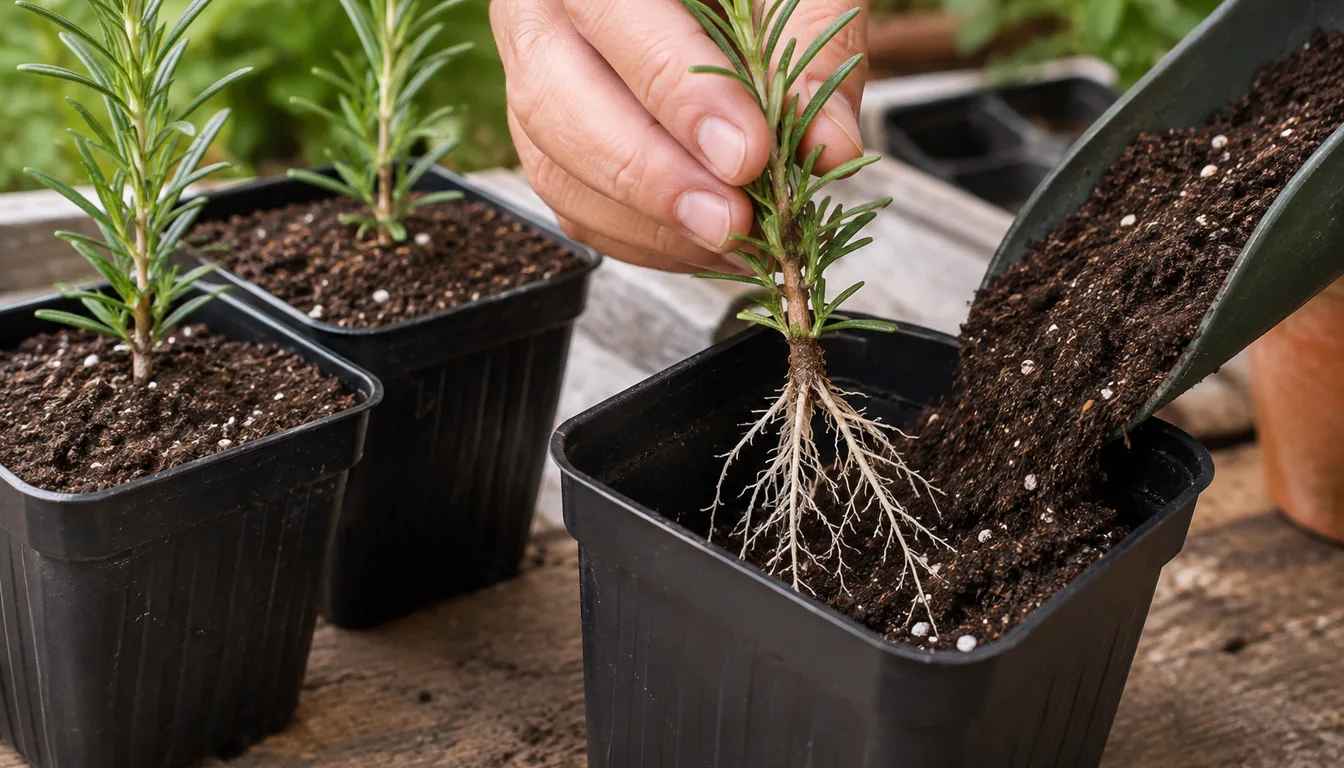 A rooted rosemary cutting held over a small pot while pale branching roots are lowered into fresh mix