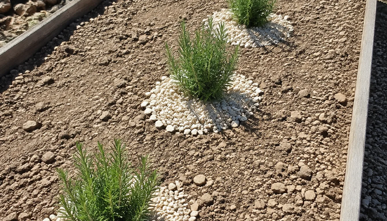 A young rosemary plant in a sunny raised bed with open gravel mulch around its stem