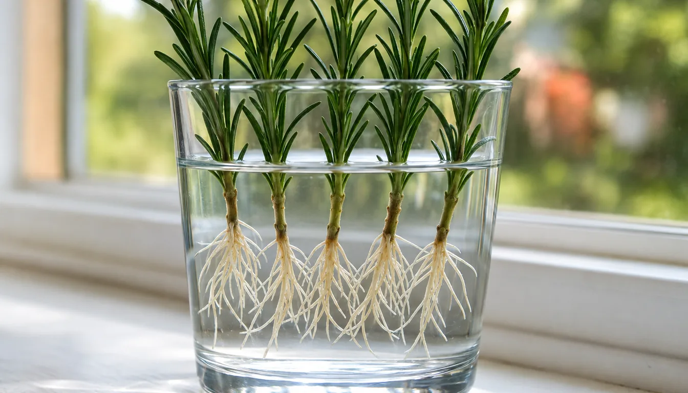 Rosemary cuttings in a clear glass with pale branching roots visible below the waterline