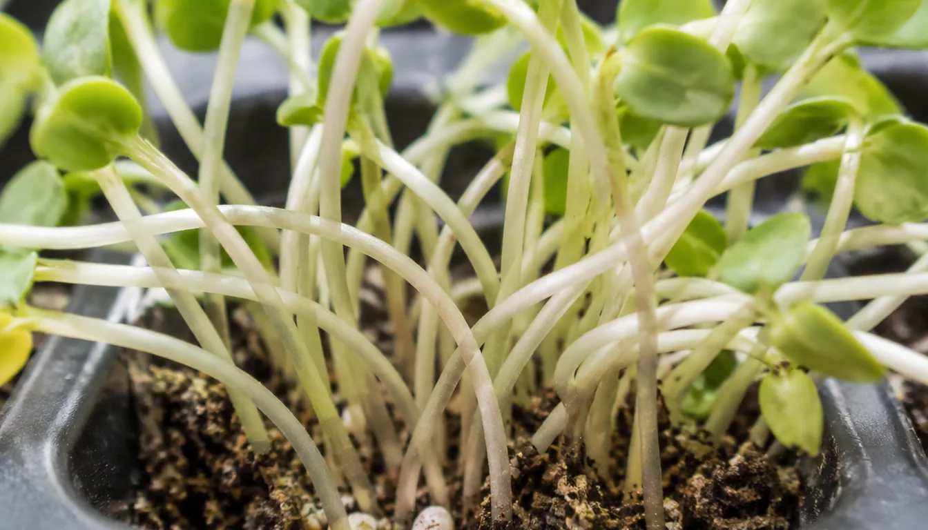 Many pale seedlings crowded in one cell with narrow stems leaning across one another