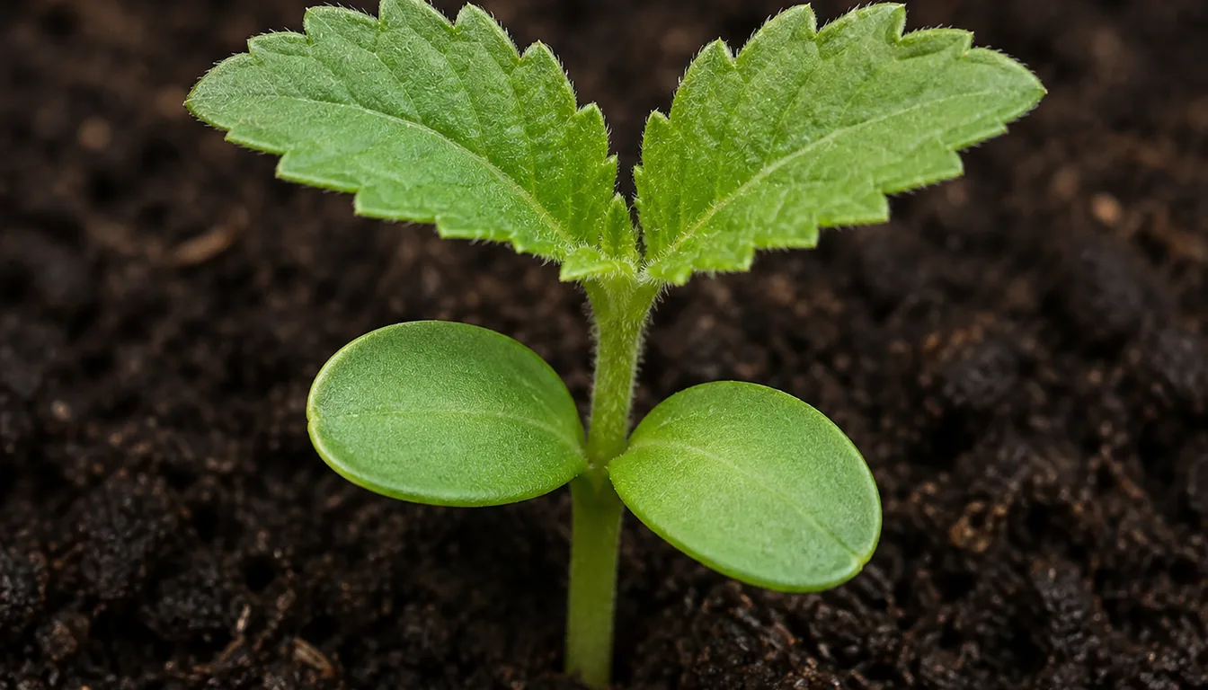 Seedling with two smooth cotyledons below a pair of newly opened toothed true leaves