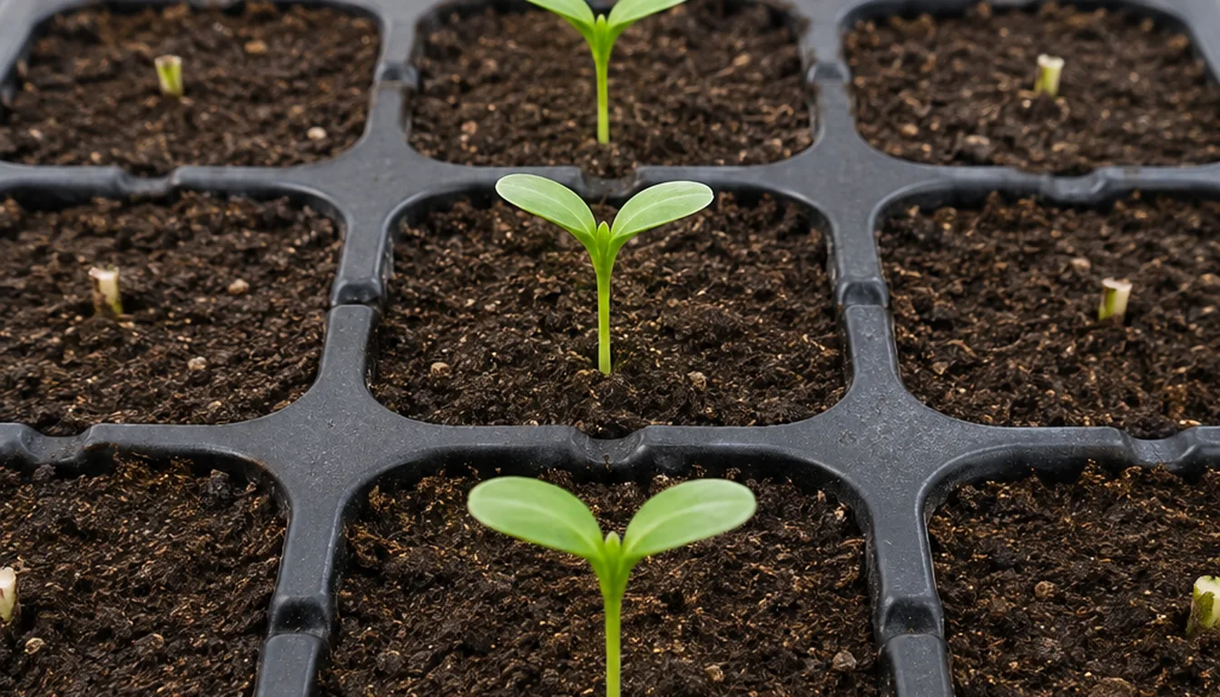 Evenly spaced upright seedlings remaining in a tray after extra stems were cut at the soil surface