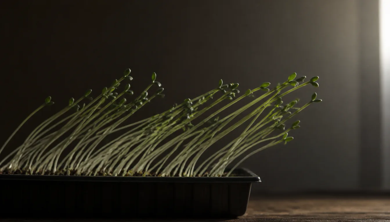 Pale leggy seedlings bending together toward a light source after crowding