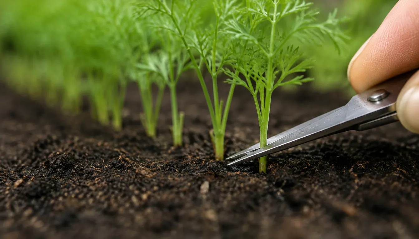 Small scissors thinning a dense row of carrot seedlings at soil level while evenly spaced seedlings remain