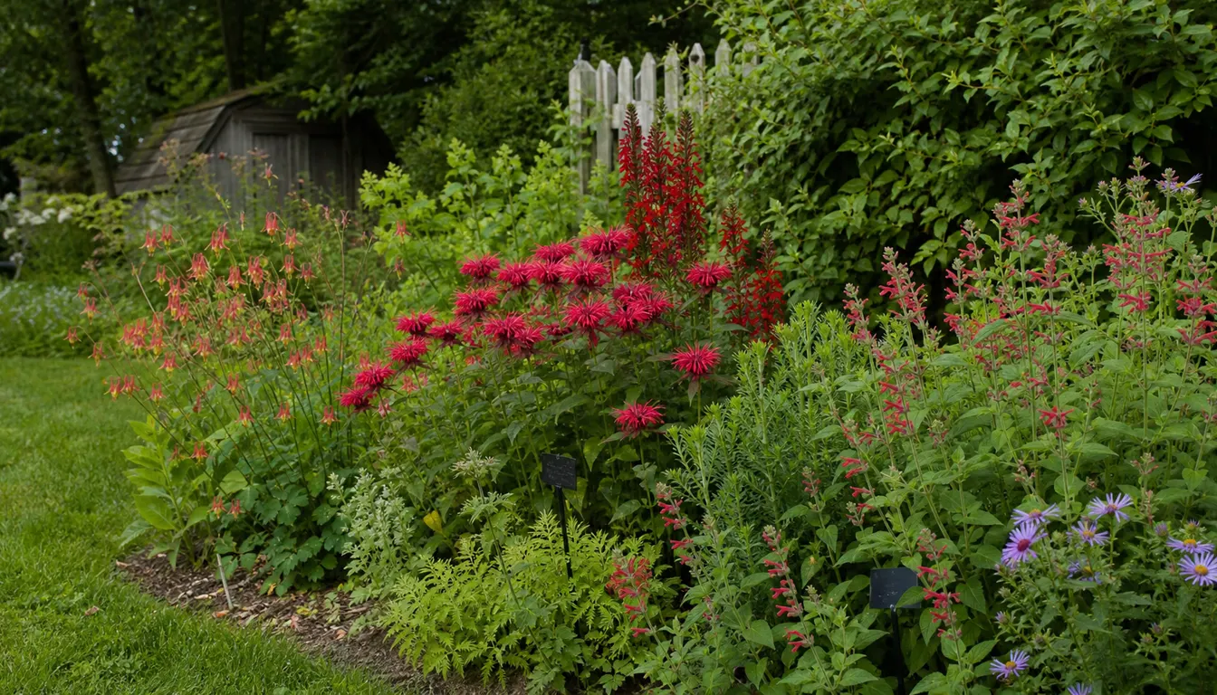 Garden border with red columbine, bee balm, cardinal flower, pineapple sage, and asters at different bloom stages