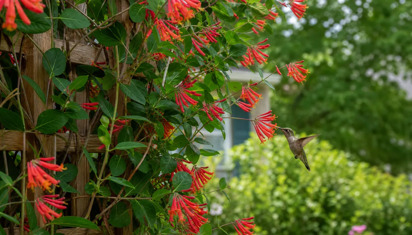 Ruby-throated hummingbird visiting coral honeysuckle flowers trained on a cedar trellis