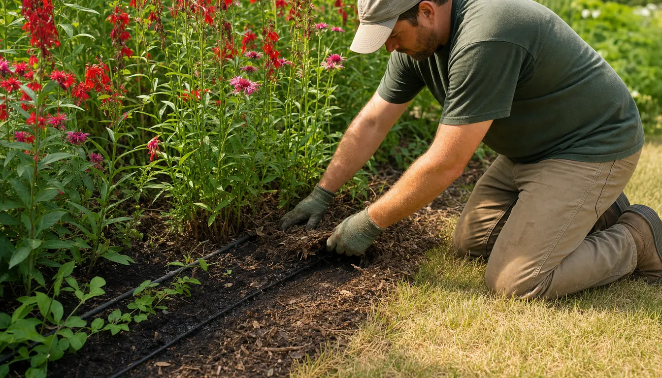 Gardener placing drip lines under leaf mulch around cardinal flower and bee balm stems