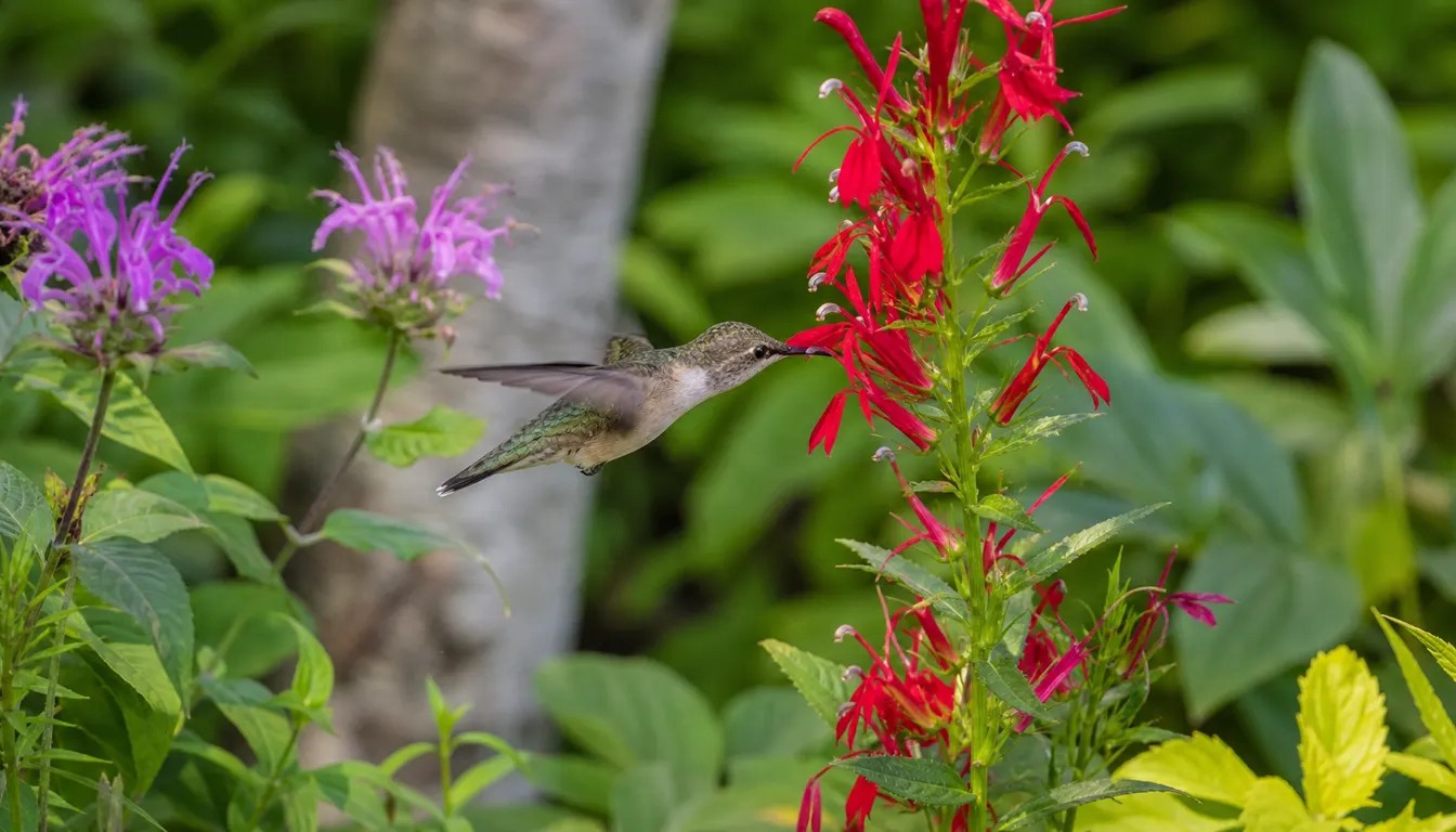 Ruby-throated hummingbird feeding from a red cardinal flower beside purple bee balm