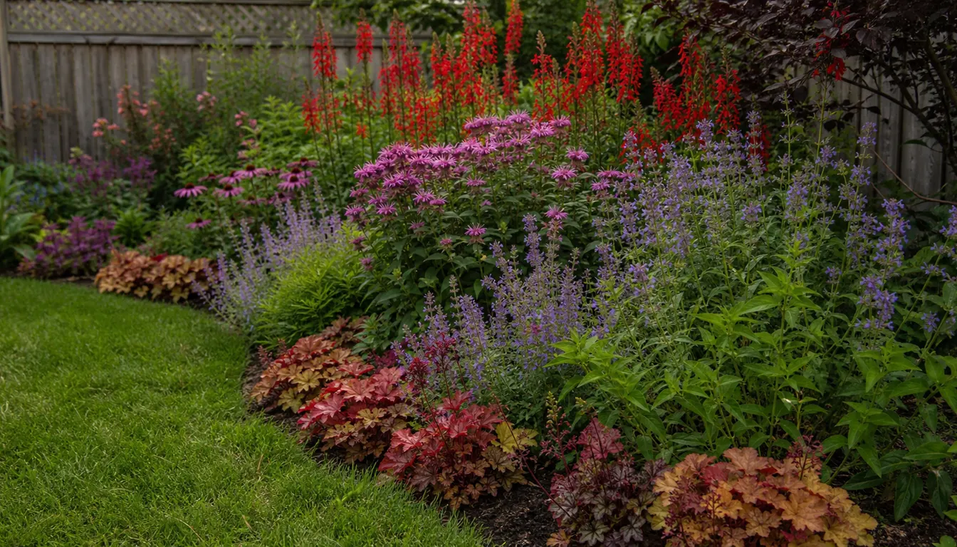 Layered garden bed with tall cardinal flowers, middle bee balm and salvia, low coral bells, and an open curved approach