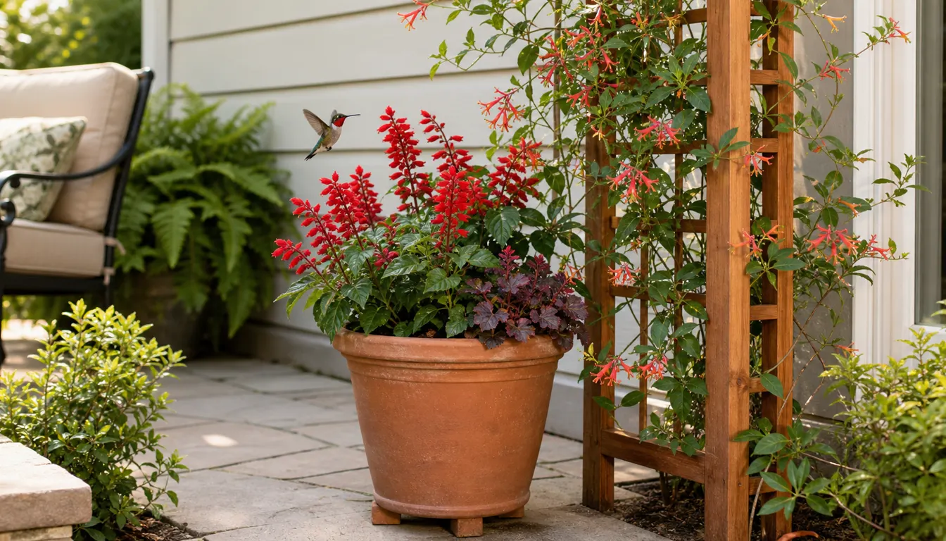 Ruby-throated hummingbird approaching red salvia in a terracotta pot beside coral honeysuckle on a cedar trellis