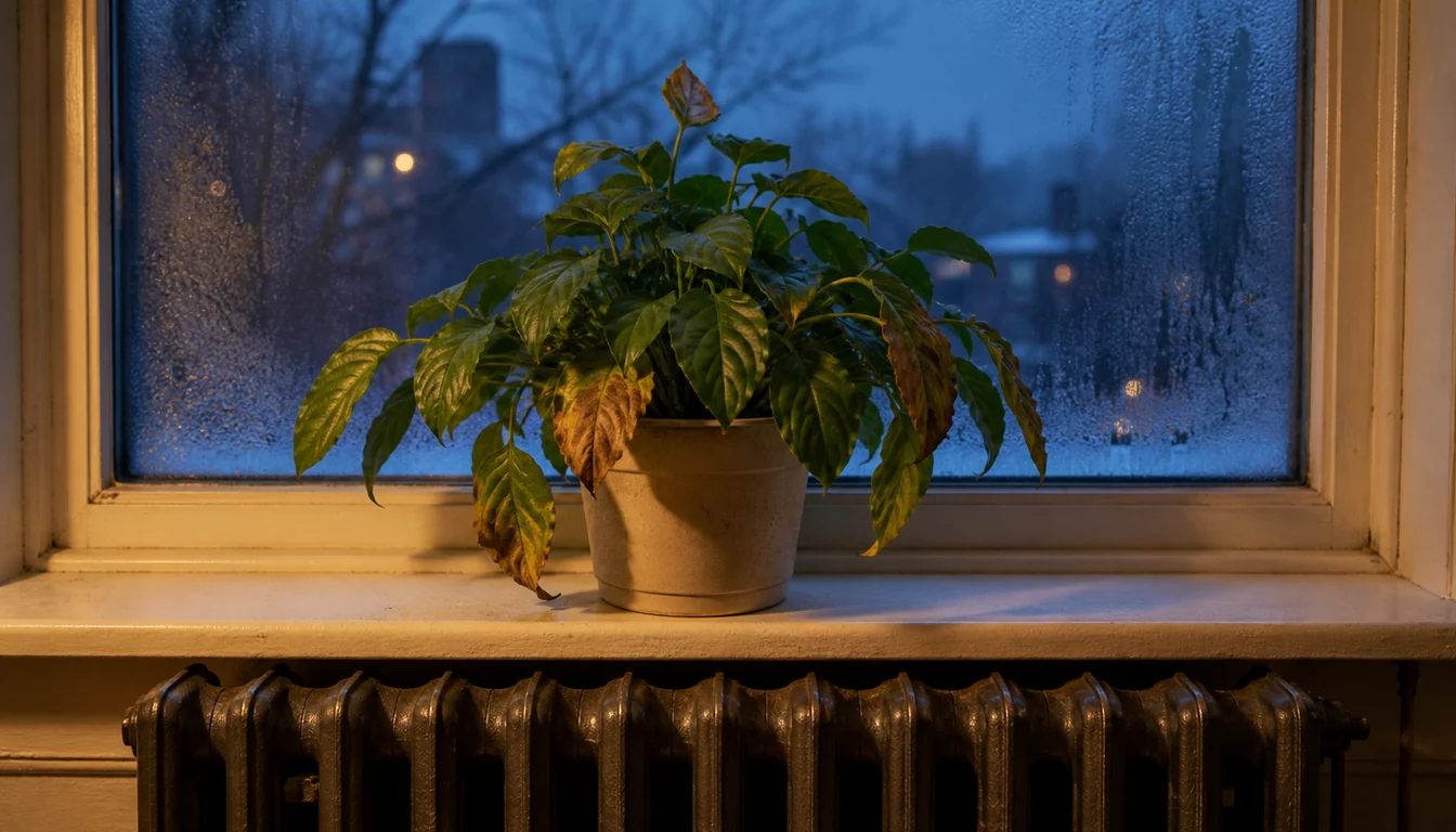 A houseplant on a narrow windowsill directly above a hot radiator, with cold fogged window glass behind it and a dark winter evening outside