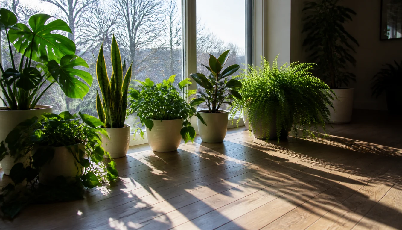 Houseplants gathered against a window on a winter afternoon with bare trees outside and low sunlight stretching a long pool of light across the floor into the room