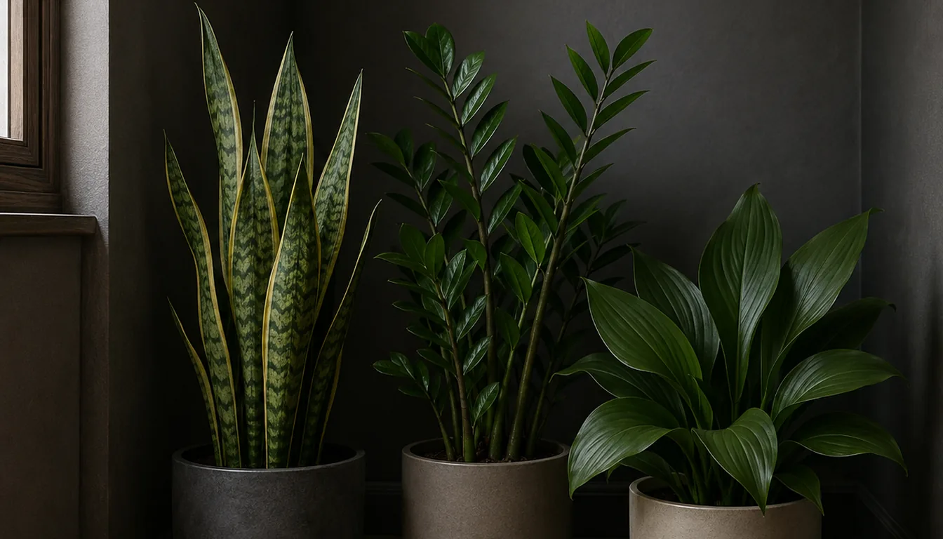 A dim hallway corner away from the window holding an upright snake plant, a glossy ZZ plant and a broad-leaved cast iron plant in simple pots