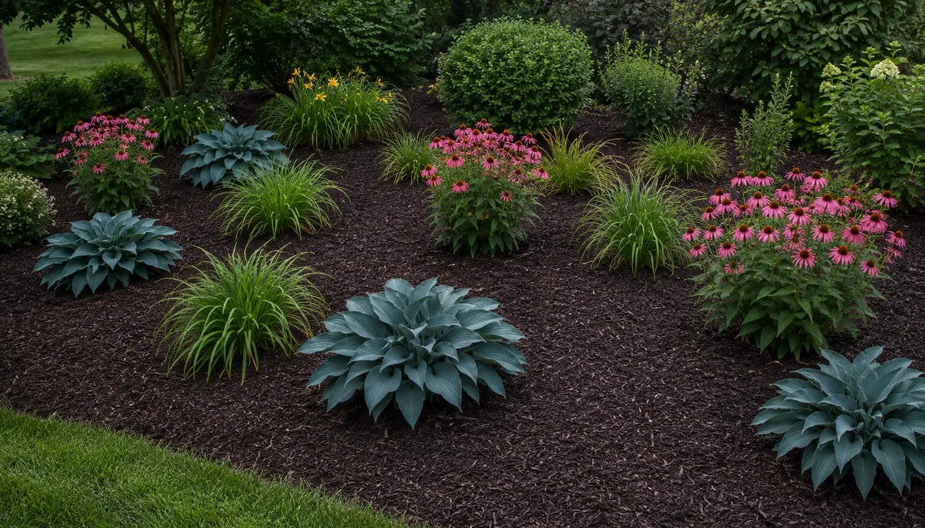 An established perennial bed under a thick layer of dark mulch where blue hostas, arching daylily foliage and sturdy coneflowers sit widely spaced with no weeds between them