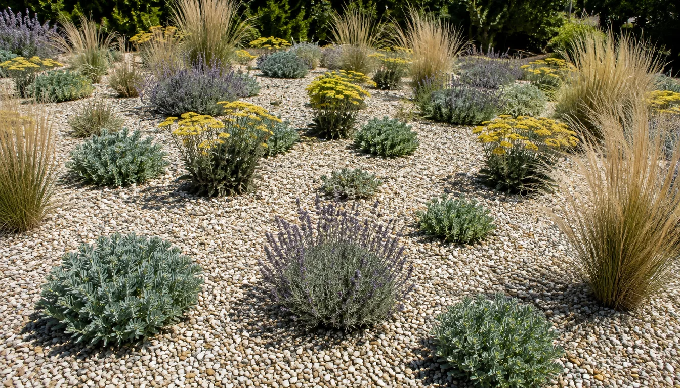 A dry gravel-mulched bed in full sun with widely spaced clumps of blue-green sedum, yellow yarrow, silver lavender and tan ornamental grasses